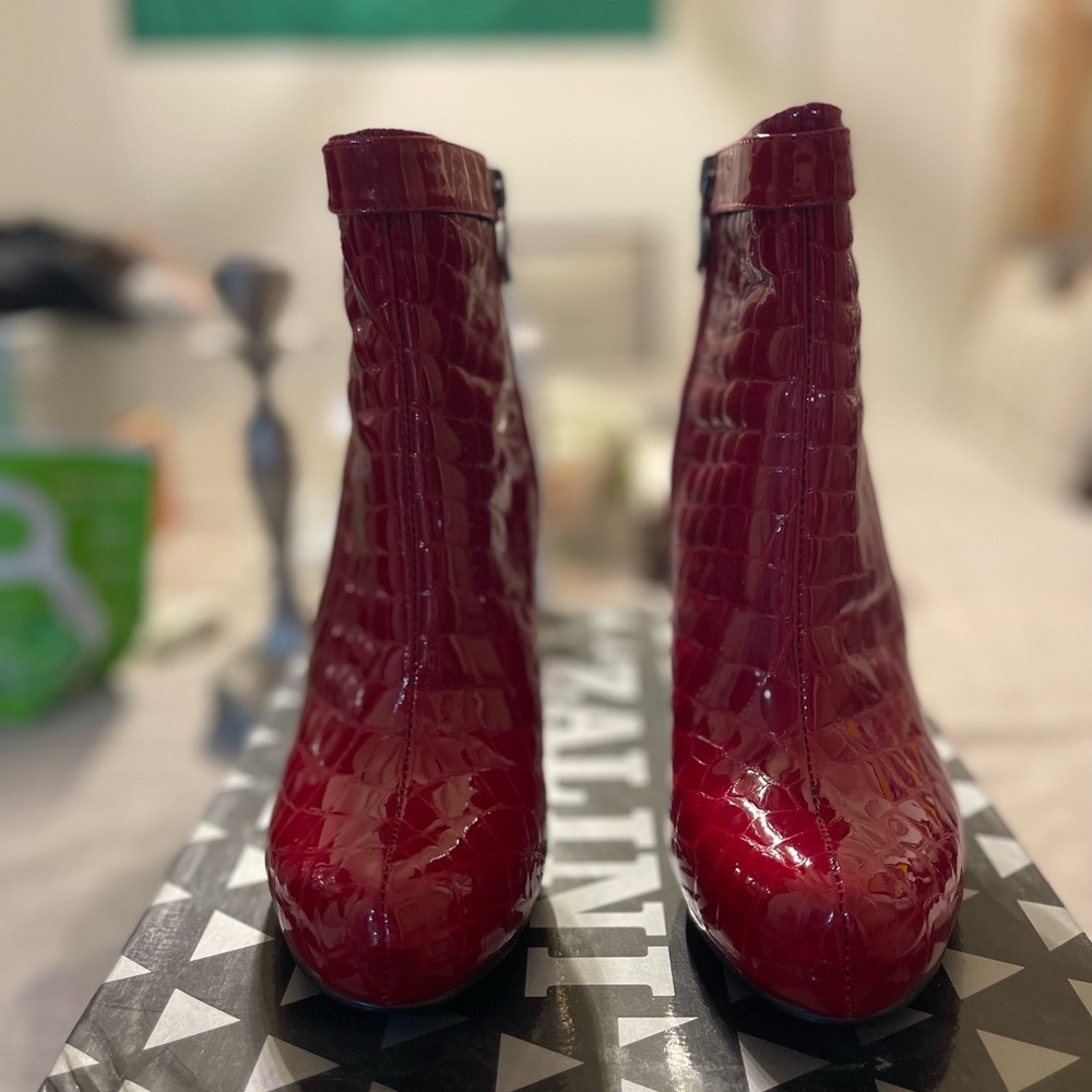 Women's Red Patent Croc-Embossed Ankle Boots